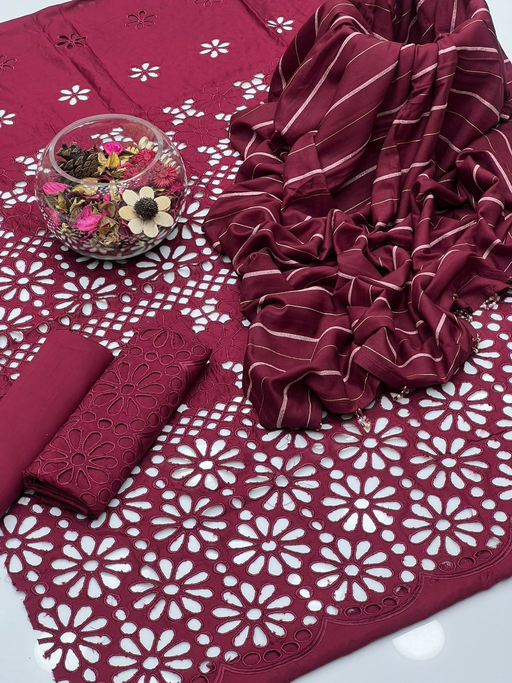 Luxury Viscose & Chikankari 3-Piece Dress with Pure Broshia Shawl Dupatta