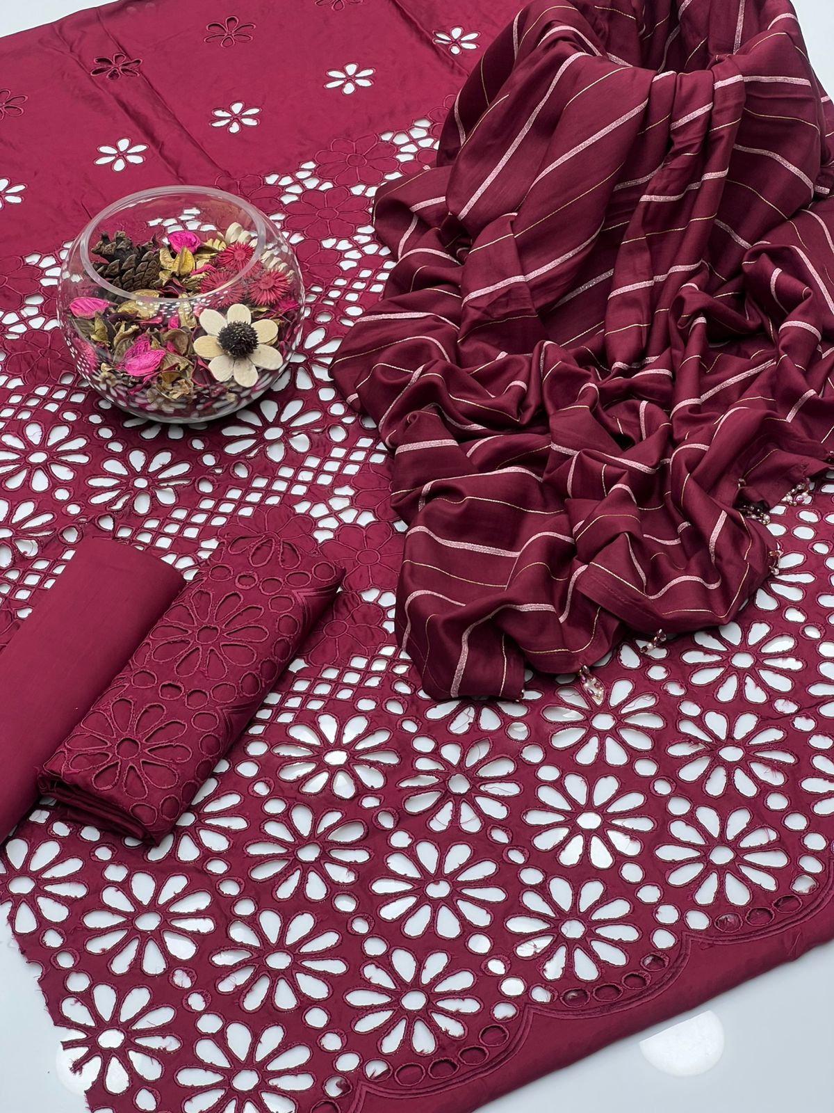 Luxury Viscose & Chikankari 3-Piece Dress with Pure Broshia Shawl Dupatta