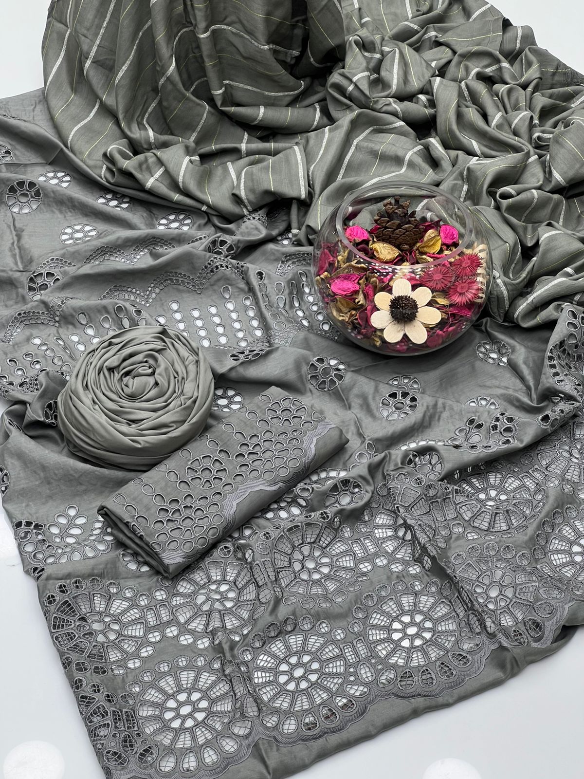 Luxury Viscose & Chikankari 3-Piece Dress with Pure Broshia Shawl Dupatta