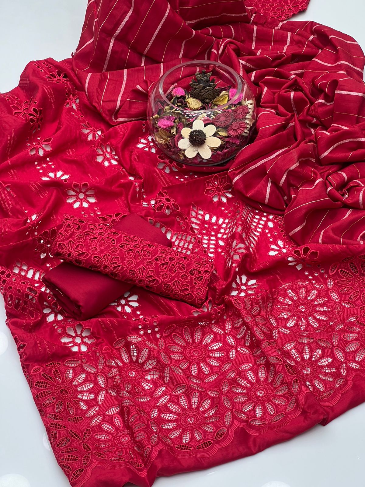 Luxury Viscose & Chikankari 3-Piece Dress with Pure Broshia Shawl Dupatta