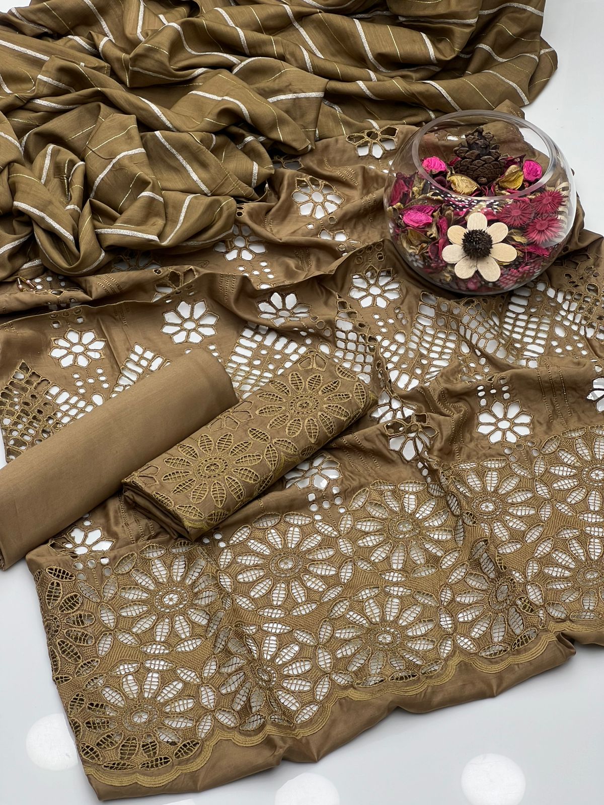 Luxury Viscose & Chikankari 3-Piece Dress with Pure Broshia Shawl Dupatta