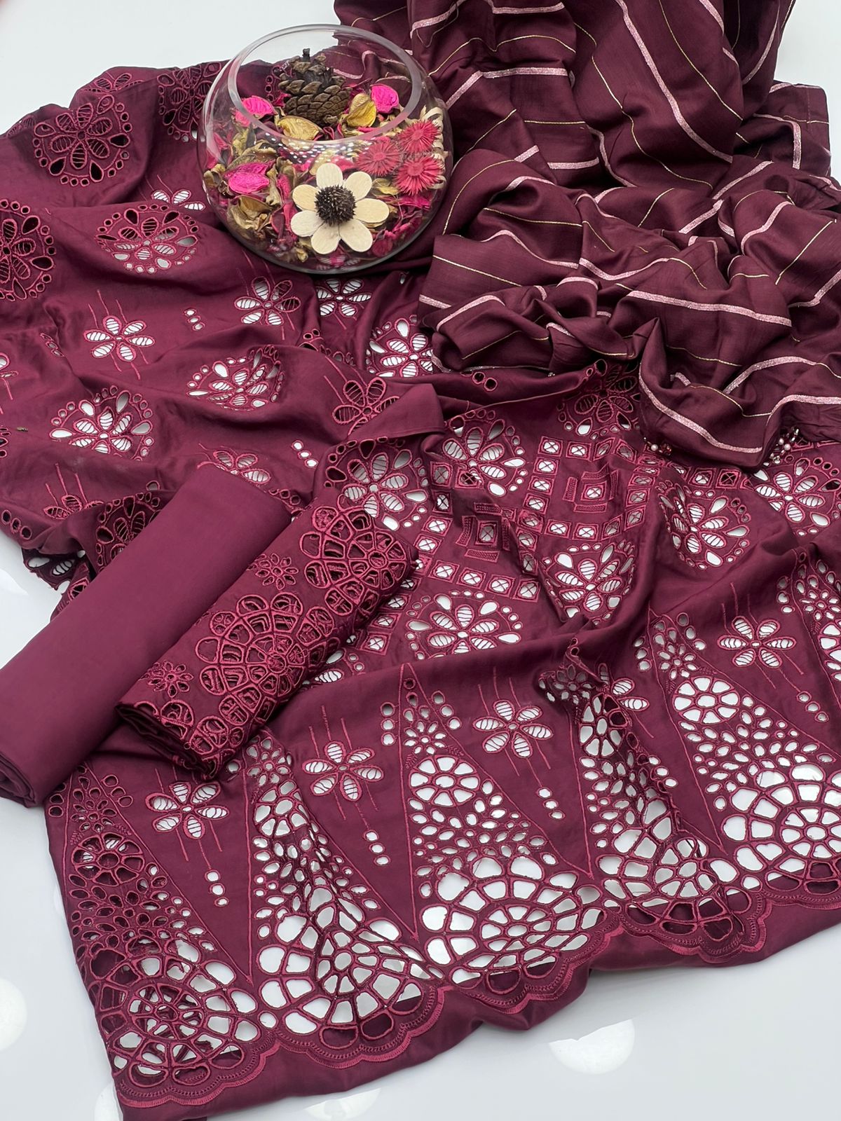 Luxury Viscose & Chikankari 3-Piece Dress with Pure Broshia Shawl Dupatta