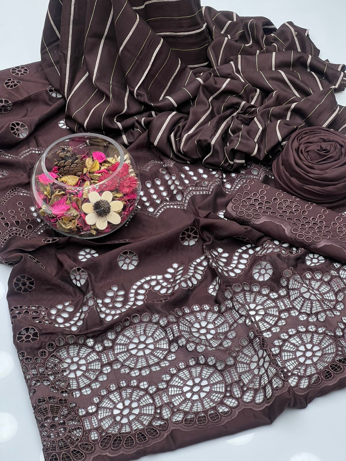 Luxury Viscose & Chikankari 3-Piece Dress with Pure Broshia Shawl Dupatta