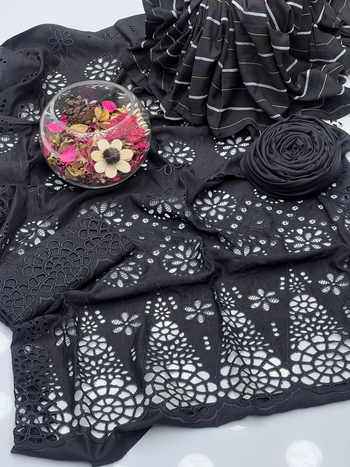 Luxury Viscose & Chikankari 3-Piece Dress with Pure Broshia Shawl Dupatta
