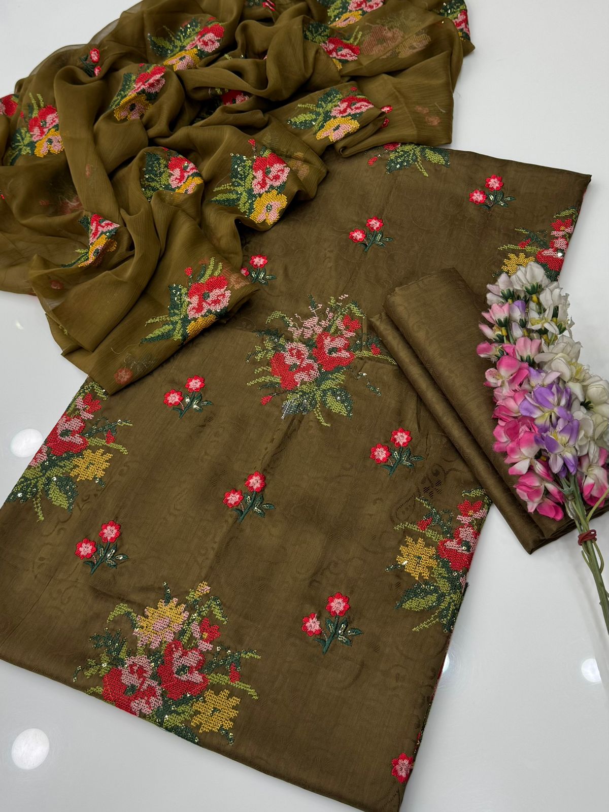 Viscose Silk 3-Piece Dress – Handmade Style Cross Stitch & Sequin Embroidery