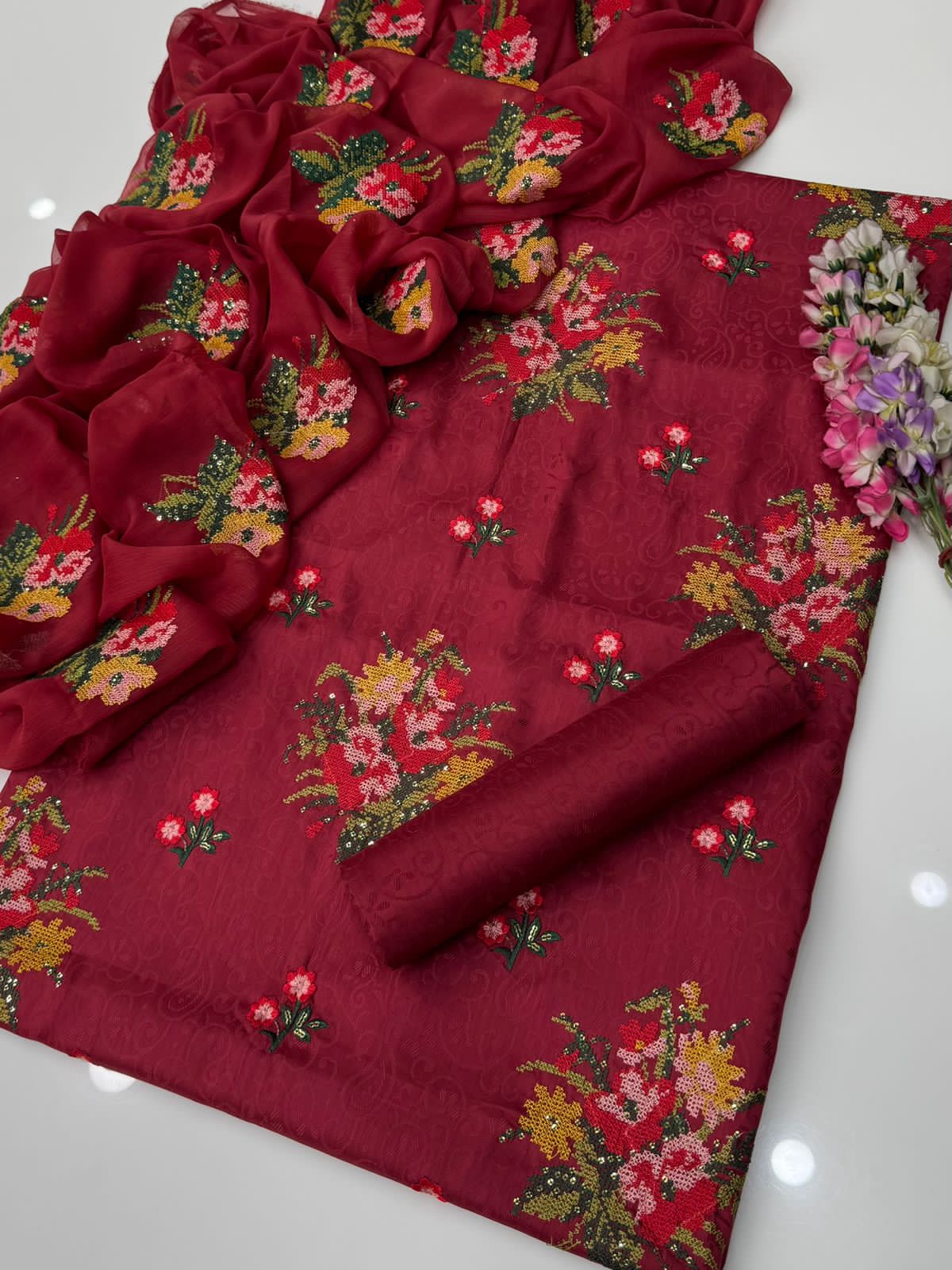 Viscose Silk 3-Piece Dress – Handmade Style Cross Stitch & Sequin Embroidery