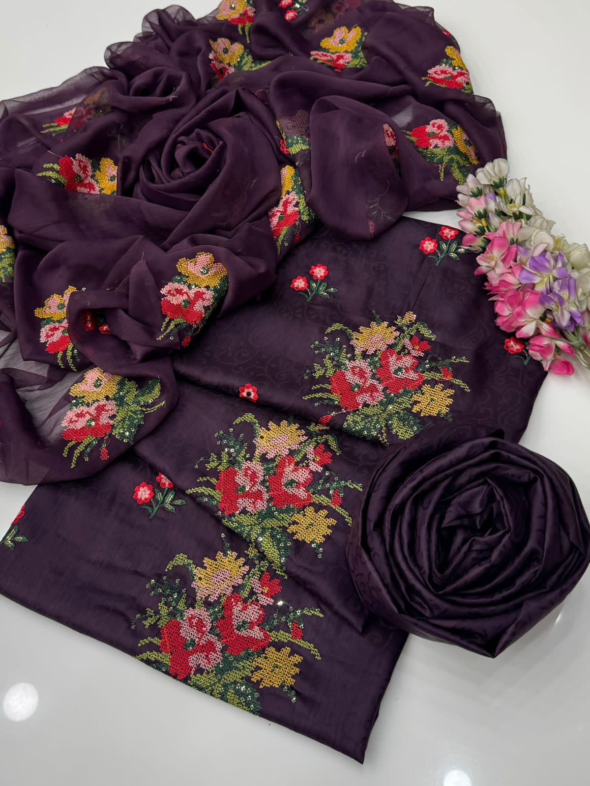 Viscose Silk 3-Piece Dress – Handmade Style Cross Stitch & Sequin Embroidery