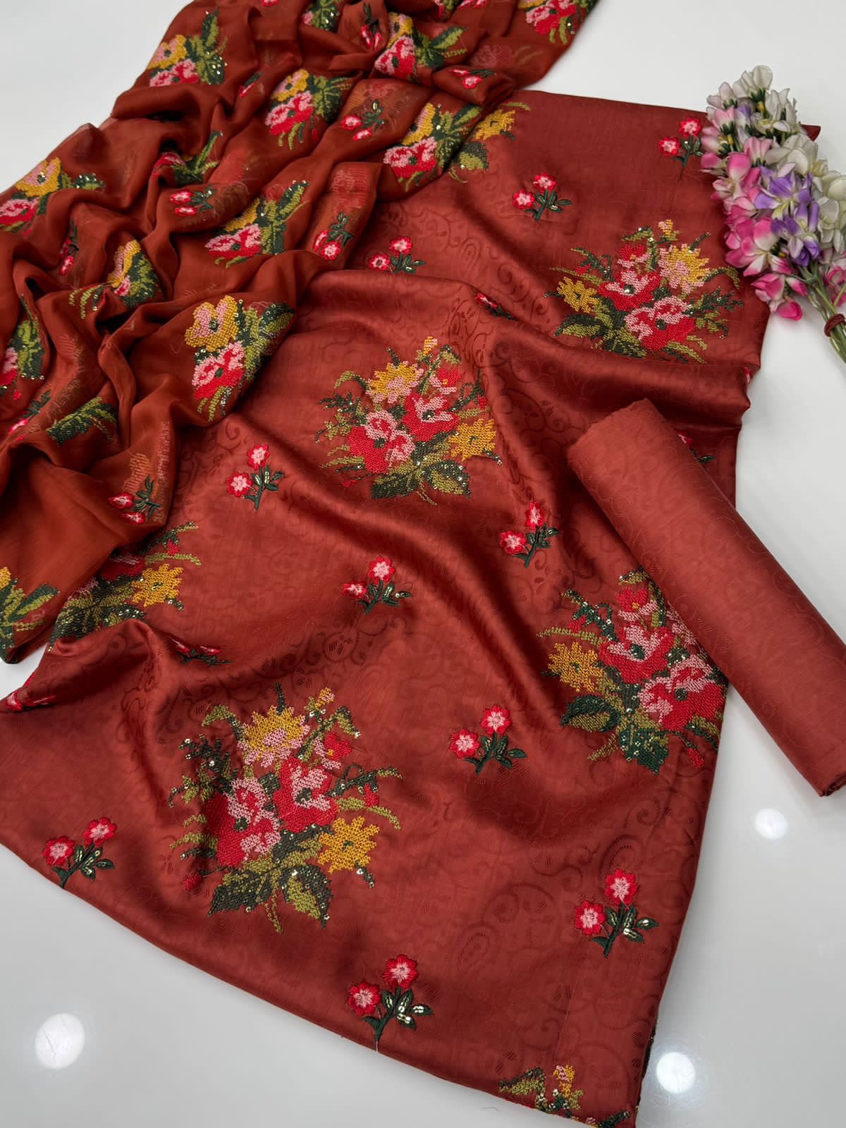 Viscose Silk 3-Piece Dress – Handmade Style Cross Stitch & Sequin Embroidery