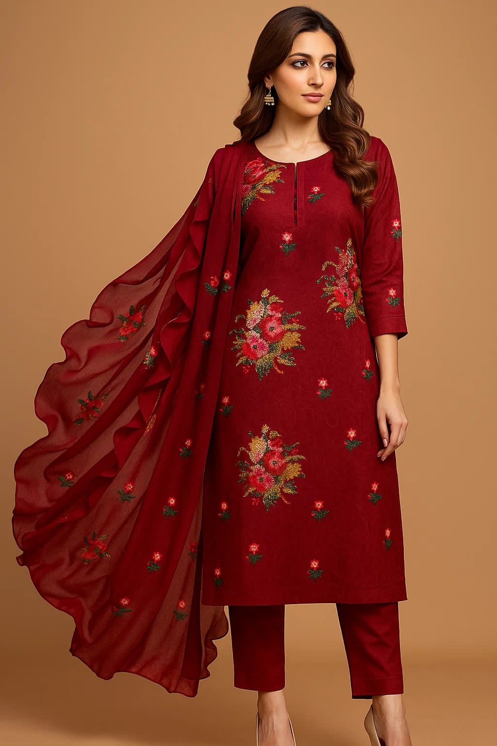 Viscose Silk 3-Piece Dress – Handmade Style Cross Stitch & Sequin Embroidery