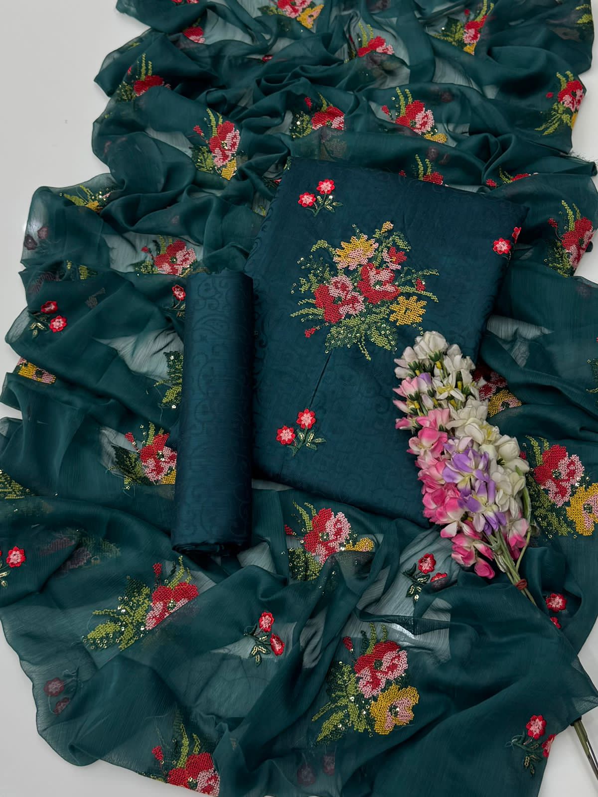 Viscose Silk 3-Piece Dress – Handmade Style Cross Stitch & Sequin Embroidery