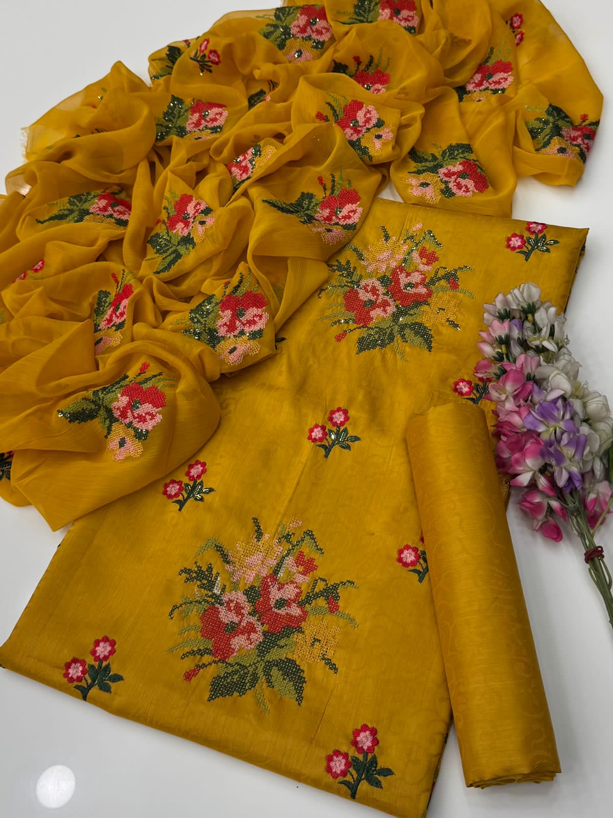 Viscose Silk 3-Piece Dress – Handmade Style Cross Stitch & Sequin Embroidery