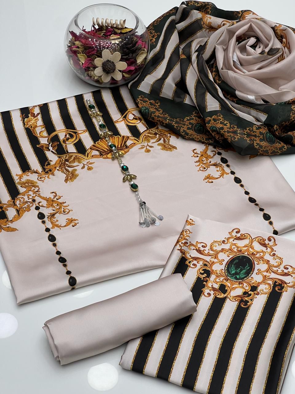 Elegant Shamoze Silk 3-Piece Digital Print Suit – Fancy Neckline Edition